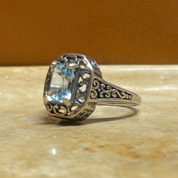 Blue Sapphire Scroll Filigree Silver Ring - Picture 4 of 6